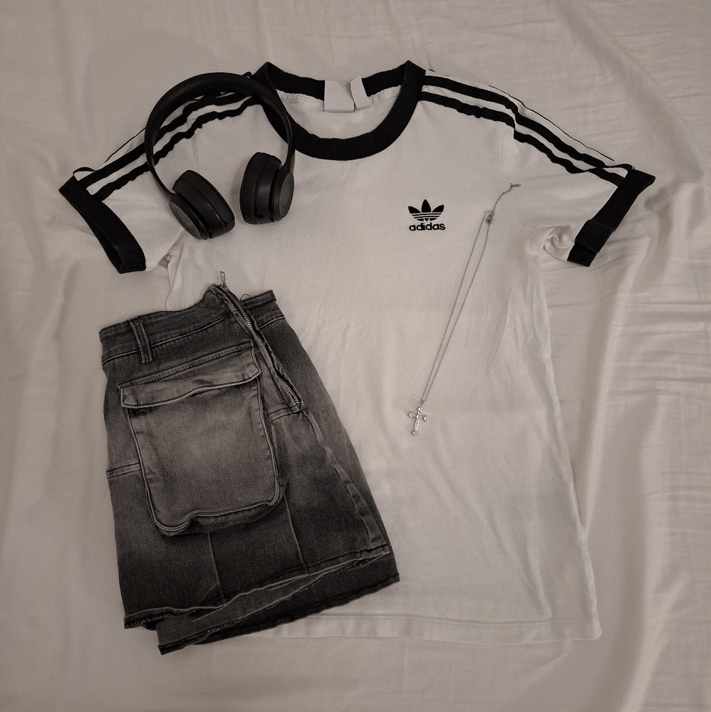 Adidas White And Black Striped Tee ₊˚⊹౨ৎ ₊˚⊹ ((SOLD))